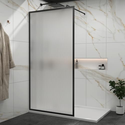 Luxor 700mm Walk in Wet Room Fluted Shower Screen with Matt Black Frame 8mm Easy Clean Toughened Safety Glass & Top Support Arm