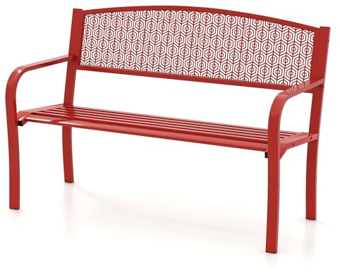 GIANTEX Gartenbank Metall Wetterfest, Sitzbank Outdoor Bank für 2 Personen, Bank Balkon mit Rückenlehne & Armlehne, Balkonbank Metallbank bis 300 kg belastbar, Parkbank 128 x 60 x 86 cm (Rot)