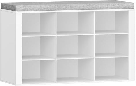 Hzuaneri Shoe Storage Bench with Padded Seat, Shoe Rack Bench with 9 Open Compartments, Adjustable Shelves, Shoes Cabinet with Cushion for Hallway, Living Room, Bedroom, White, SB15903GY