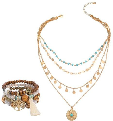 YEWCEP Boho Schmuck Damen Set, 2 Stück Boho Kette und Armband, Stilvolles Schmuck Set für Frauen, Ideal für Alltag und Besondere Anlässe, Geschenk für Familie und Freunde