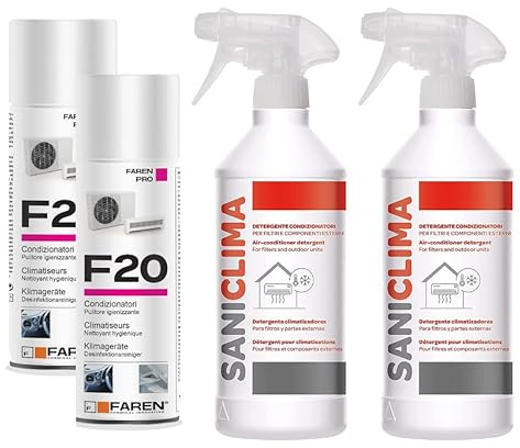 Trattamento Igienizzante per Climatizzatori, Faren F20 e Saniclima Detergente, rimuove sporco, germi, batteri, rinfresca e purifica l'aria (2pz Saniclima Detergente + 2pz Igienizzante F20)