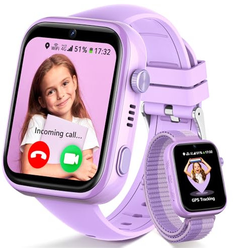 Fitnynxos 4G Smartwatch Bambini con Chiamate e GPS, Orologio Smartwatch Bambini con Videochiamate, SOS, Chat Vocale, SMS, Modalità Scuola, Whatsapp, WiFi, SIM, IP68 Contapassi, Regalo Bambina, Viola