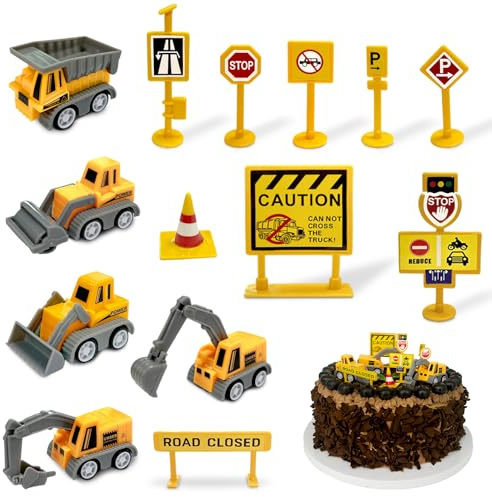 Digger Cake Topper, Construction Cake Toppers, 14PCS Mini Construction Vehicles Cake Toppers Set, Digger Theme Cake Decorations Set, for Birthday