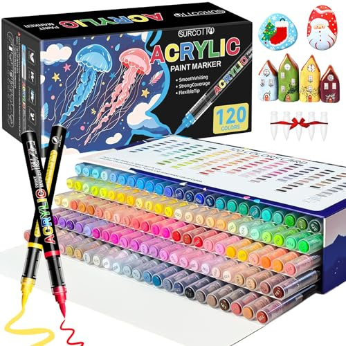 Surcotto Pennarelli Acrilici, 120 Colori Acrylic Marker Brush Pen per Colorazione, Sassi, Tessuti, Metallo, Vetro, Legno, Plastic, Tela, Ceramica, Pennarelli per Colorare Adulti