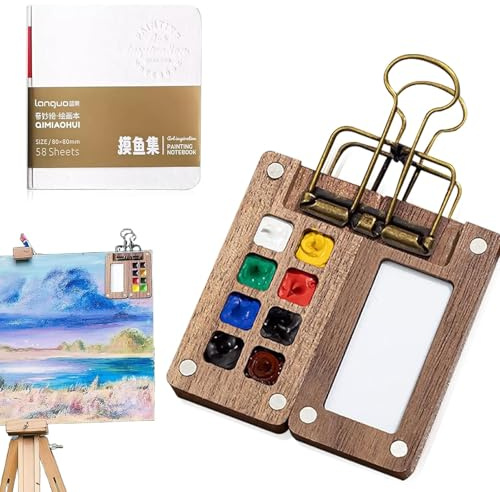 HUSOUE Mini Aquarell Set Unterwegs, Pocket Aquarell Set Reiseset 8 Grids Mini Palette mit Clips Pocket Aquarells Skizzenbuch Aquarells Reiseset für Maler Künstler (Pigmentfrei)
