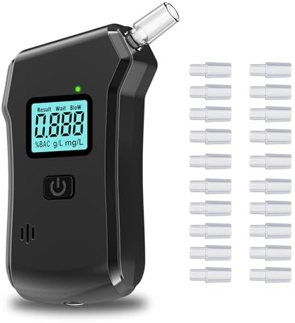 HEEGFF Alkoholtester, Polizeigenau Alkoholmessgeräte mit 20 Mundstücken, Professioneller Alkoholmessgerät, Alkohol Tester mit Digitaler LCD-Anzeige und Halbleiter Sensorik