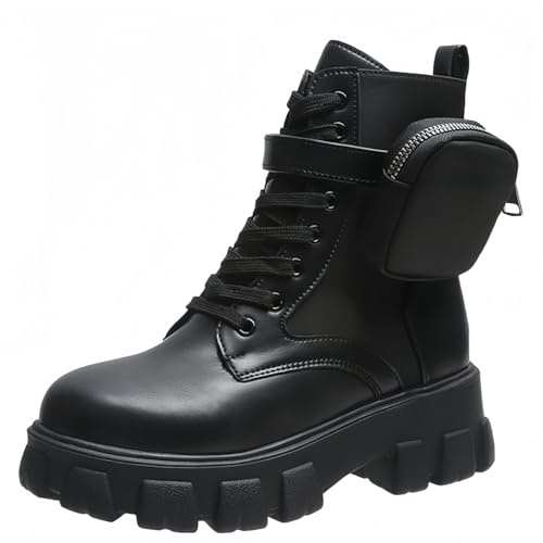 FQLGJMY Femmes Plateforme Lace-Up Combat Bottes rondes fermées orteil talon bas cheville bottes courtes avec poche poche mi-talon épaisse sole Punk moto automne hiver bottes