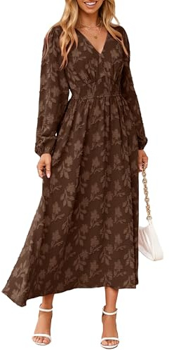 Simplee Womens Boho Floral Long Sleeve Maxi Dress V Neck Empire Waist Fall Wedding Guest Dresses with Pockets