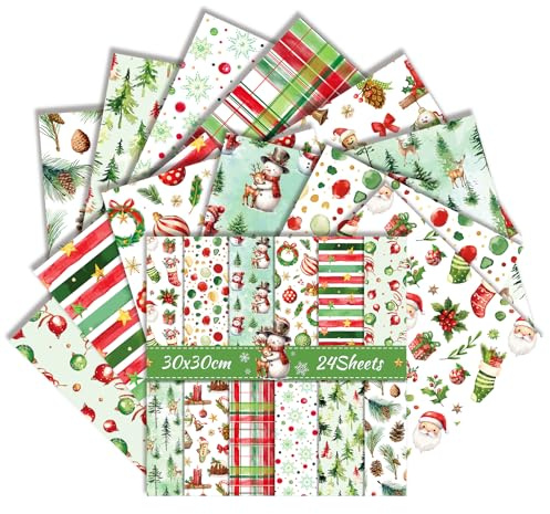 24 Blatt Weihnachts-Scrapbook Papier 11,8 x 11,8 doppelseitiges festliches Designpapier für Feiertagsbasteln, Kartenherstellung, Journaling, Fotoalbum, Geschenkdekoration (Grün, 30 × 30 cm)