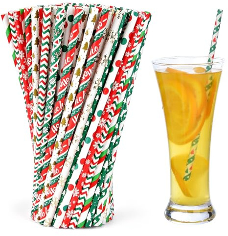 DIFLAX Pajitas Navideñas, 100 Piezas Pajitas De Papel, Biodegradables, Rojas, Verdes, Resistentes a Roturas, Para Bebidas Calientes/Fredde, Fiestas y Reuniones Familiares