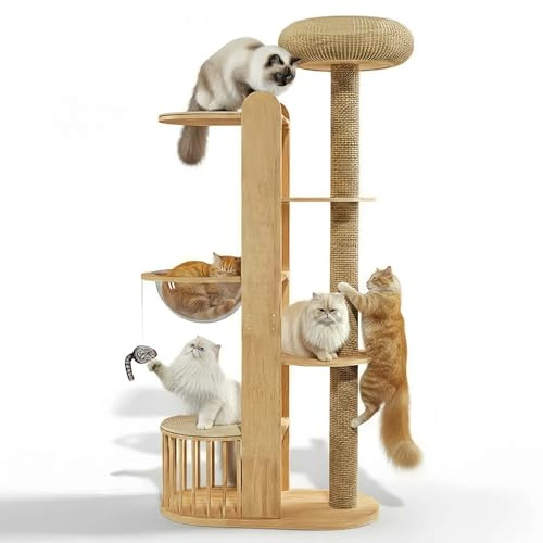 Grand arbre à chat XXL 190 cm en bois massif – Colonne en sisal extra longue, grande maison tressée, 3 plateformes et capsule d'astronaute transparente pour grands chats, arbre d'escalade stable