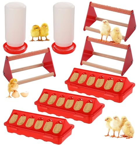 Packool 8-teiliges Kükenfutter- und Tränkeset, Kükenfütterungszubehör, enthält 2 Tränken, 3 Futtertröge und 3 Sitzstangen, Hühner-Starterset für Brutapparat und Hühnerstall, ideal für kleines Geflügel