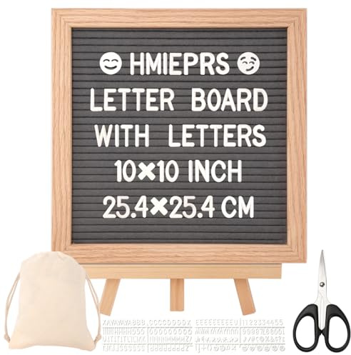 HMIEPRS Pizarra con letras de fieltro con soporte de madera, 25 x 25 cm, 340 letras grises, fieltro con tijeras y bolsillos, tablero de carta de roble para menús, anuncios de bebé, bodas, fiestas