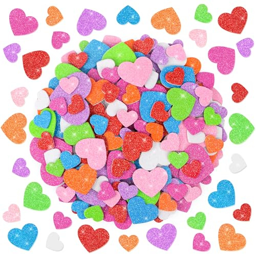 1040 Stück Moosgummi Glitzer Sticker Herz Sticker Kinder Herz Aufkleber Valentinstag Aufkleber, Pink Selbstklebender Glitzernder Aufkleber für Sammelalben Wand Dekoration DIY Basteln Hochzeit (Bunt-1)