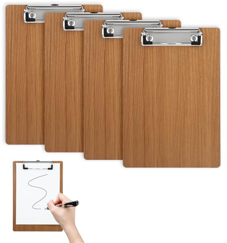 4 Stück Klemmbrett A5 Kirschbaum Set. Klemmbretter Schreibbrett mit Metallklemme, Klemmbrett Holz, Clipboard Klein(23 x 16 cm). Speisekarte A5 Halter, Schreibbrett Organizer A5 für Büro und Freizeit