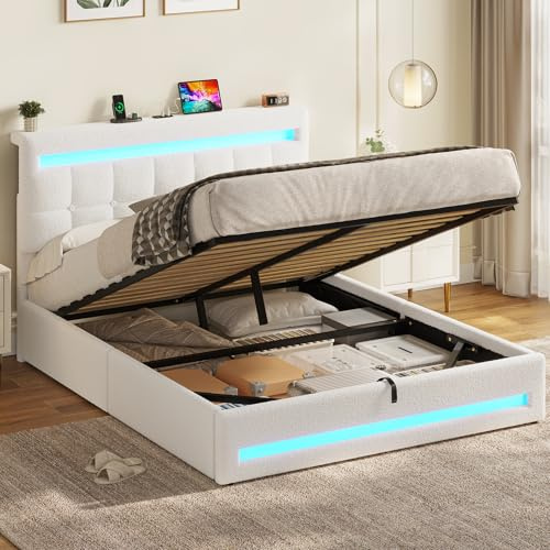 AOGLLATI Lit Coffre 140×190 cm avec LED et Ports USB, Lit Double Rembourré avec Rangement hydraulique, tête de lit réglable en Hauteur, Sommier à Lattes,Facile à Assembler, Bouclée, Beige（sans Matela）