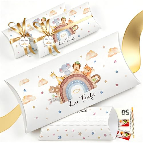 WenmthG Taufe Geldgeschenk Box 8er Set – TaufeGeschenkverpackung für Geld & Gutschein, mit Regenbogen- & Tiermotiv, Band und Anhänger, „Zur Taufe“