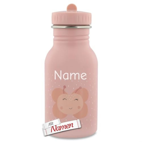 Trixie Kinder Trinkflasche mit Gravur, Mrs. Butterfly Schmetterling - mit Namen graviert, Edelstahl 350 ml, matt, rund, modern - für Kita, Schule, Reisen, Sport, Schwimmen
