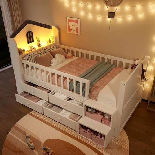 Qsddk Kinderbett Einzelbetten 90x200 cm mit LED-Beleuchtung und Fenster, Bett mit Stauraum und 4 Schubladen, Stauraumbett mit Treppe, Bettgestell mit Lattenrost, Ohne Matratze, Weiß