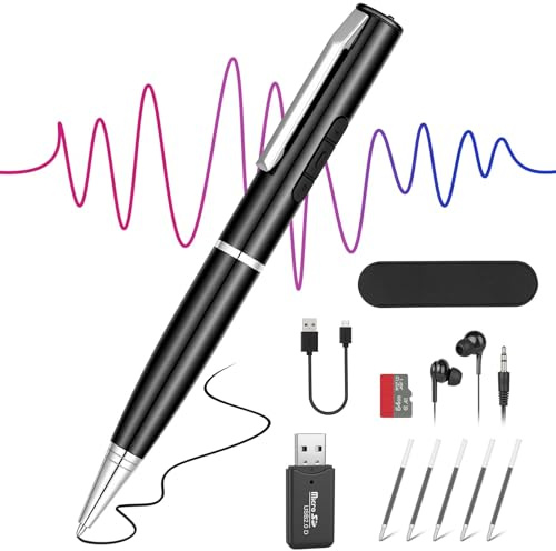 Ainiv Stylo Enregistreur 64 Go, Appareil d'Enregistrement avec Audio HD | Portable Enregistrement en Une Touche, Réduction Intelligente du Bruit DSP, Écouteurs Inclus, pour Réunions Entretiens Cours
