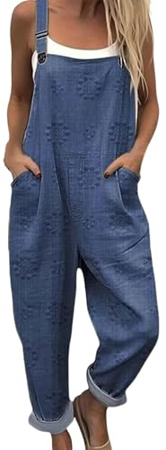 Salopette Femme avec Motif Flora, Grande Taille Combinaison en Lin Ample et Décontracté Femme avec Bretelles Réglables et Poches, Salopette de Travail Ete Fluide Chic, Pantalon Imprimé Spaghetti