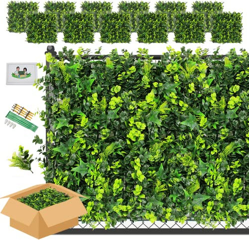 ULAND Artificial Hedges Plant Wall Panels, 12PCS of 50 * 50CM Greenery Ivy Fence Screening, Home Garden Outdoor Wall Decoration (A009,12)