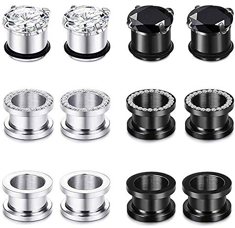 Longbeauty 12 Stk Edelstahl Ohr Tunnel Set Mehrfarbig Schraubverschluss mit Edelsteinen Piercing Schmuck 4mm-12mm