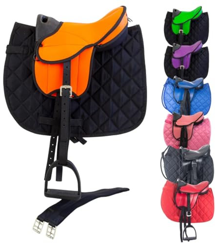Marengos - Holzpferd Sattel Set | Sattel für Holzpferd mit Sattelgurt, Schabracke, Steigbügel & -Riemen | Sattel aus Kunstleder | Sattel-Typ Beginner in orange | Größe 12