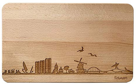 Brotzeitbrett Fehmarn Skyline | Frühstücksbrettchen aus Buche | Holz Schneidbrett | Geschenk mit Gravur | Frühstücksbrett | Schleswig-Holstein (Brett L (26x16x1,5cm), 1. ohne persönliche Gravur)