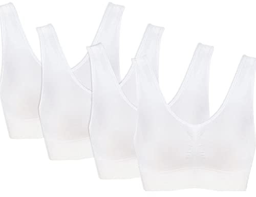 PBE 4 Pack Super Comfort Padded Bra, Thick Double Material Women's Sleep Bras, Sports Bra, Premium Quality, Seamless, No Wires! - 4 Pack White - Medium