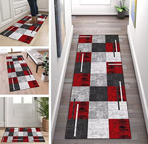 ZUZEKU küchenläufer waschbar rutschfest 60x200cm Grau Rot Korridor Teppichläufer Küchenteppich Schlafzimmer Esszimmer Polyester Meterware Anpassbar