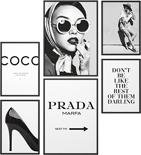 Papierschmiede® XXL Mood Poster Set Coco Schwarz-Weiß, Gerahmte Bilder (Aluminium Rahmen, Farbe wählbar), Wohnzimmer Deko Wandbilder Schlafzimmer, 2x A2 und 4x A3, Schwarz Weiß Silhouette Fashion Mode