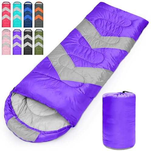 Tesmien Sleeping Bag for Adults & Kids 3-4 Season Warm Weather and Winter Lightweight, Waterproof for Teens, Men's Indoor & Outdoor Camping/Traveling/Hiking, Purple Grey
