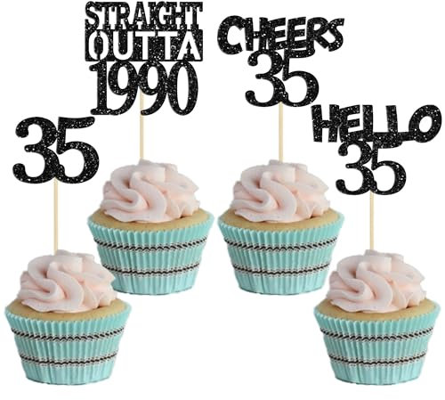 Gyufise 24Pcs Straight Outta 1990 Cupcake Toppers Glitter Thirty-five Happy 35th Cupcake Picks Cheers to 35 Years Birthday Cake Decorations for Happy 35th Birthday Anniversary Party Supplies Black