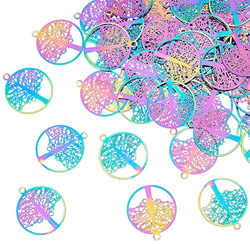 DICOSMETIC 60Pz Albero Della Vita Ciondoli In Acciaio Inossidabile Cavo Piatto Rotondo Albero Ciondoli Arcobaleno Color Filigrana Ciondoli Abbellimenti Incisi per La Creazione di Gioielli, Foro: 1.2mm