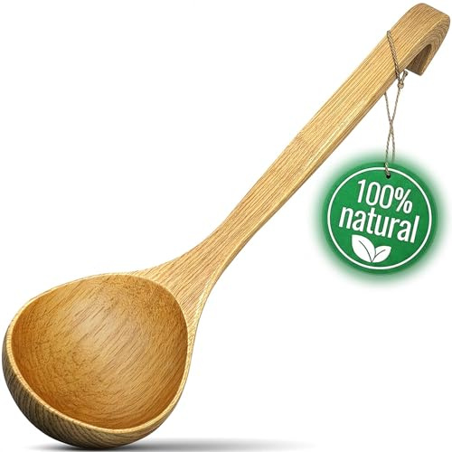 Wooden Ladle for Soup - 10.8x2.8 Deep Bamboo Ladle for Cooking and Serving, Comfortable Grip, Hook-End Handle for Storing - Easy-to-Clean Spoon that Doesn't Conduct Heat