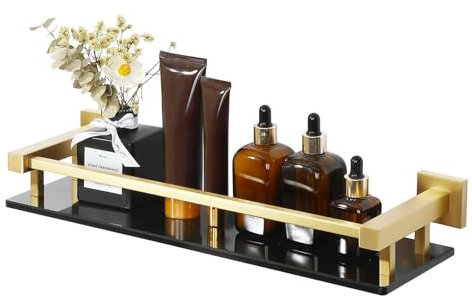 Alise Bathroom Glass Shelf with Stainless Steel Railing, Gold Small Tempered Glass Floating Wall Shelf Over The Toilet, 16 inch