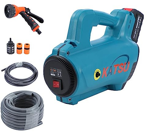 KATSU FIT-BAT 18V schnurlose Garten Wasserpumpe mit 3,0Ah Akku und Ladegerät, Gartenschlauch Spritzpistole und 10m PVC Schläuche für Autowäsche, Pflanzen Bewässerung Bewässerung, Innenreinigung