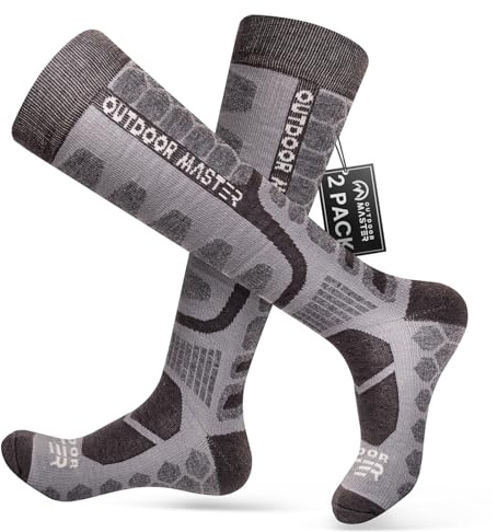 OutdoorMaster Merino Wool Ski Socks, 2-Pack Over The Calf Non-Slip Cuff Winter Compression Thermal Socks for Men & Women