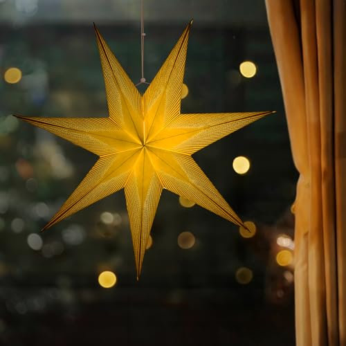 bonsport LED Weihnachtsstern Papier beleuchtet 60cm - Papierstern beleuchtet & batteriebetrieben zum Aufhängen - Stern Deko Weihnachten Fenster, weiß/gold