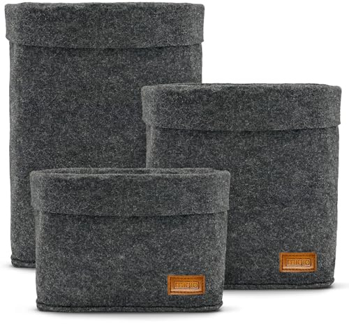 MIQIO Design Premium Filzkorb | 3er Set Aufbewahrungskörbe | Öko-Tex Zertifiziert | Faltbarer Organizer | Würfelbox für Küche, Wohnzimmer, Flur oder Bad | Dunkelgrau