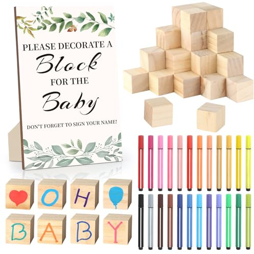 wookidel Baby Shower Games Sign Kit with 50 Blank Wooden Baby Blocks, 24 Acrylic Paint Marker and Wooden Sign, Blocks for Baby Shower, Gender Reveals Party(Green)