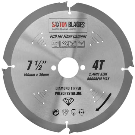 Saxton PCD Circular Saw Blade, 190mm x 4 Teeth x 30mm Bore 16, 20 & 25mm rings, Polycrystalline Diamond Tipped Fibre Cement Board, Hard Materials