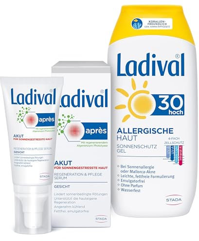 Bundle aus Ladival Akut Après Beruhigungs-Serum – Kühlendes After Sun Pflegeserum, 50ml + Ladival Allergische Haut Sonnenschutz Gel LSF 30 – Parfümfreies Sonnengel für Allergiker, 200ml