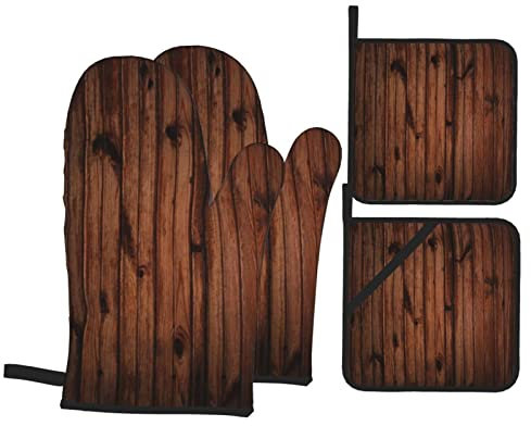 4 Stück Ofenhandschuhe Set Braune Holzstreifen Bodenwandszene Grillhandschuhe Mit Innere Baumwollschicht Küchendekoration Topfhandschuhe, Für Backen, BBQ