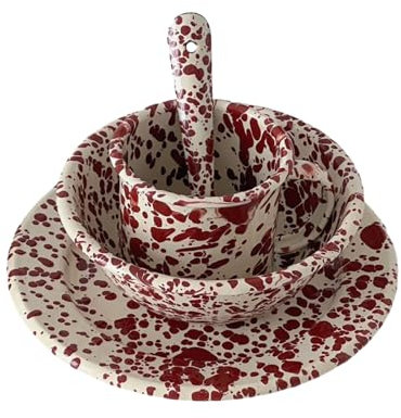 Vaisselle vintage en émail avec éclaboussures d'encre pour petit déjeuner, pain, yaourt, bol à céréales, tasse et assiette rouge vin