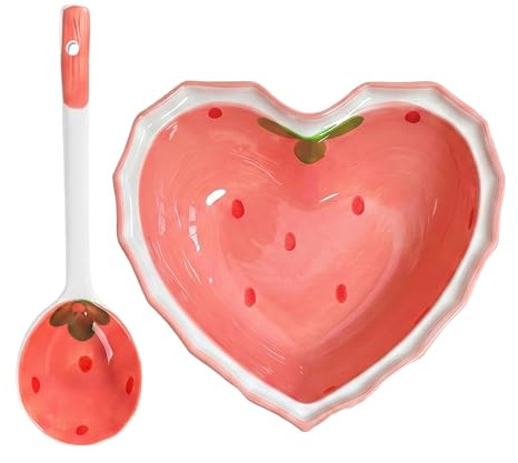 Cabilock 1 Set Heart Shaped Strawberry Bowl Spoon Flatware Salad Bowl Household Serving Plate Decorative Serving Plate Wear-Resistant Ceramics Dessert Accessories