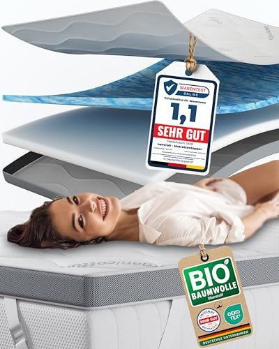 nøvera Premium Gel Topper 180x200cm | H3/H4 | Oberstoff aus 100% Bio-Baumwolle | wolkenweicher 7-Zonen Matratzentopper 180x200cm | Hohes RG 50 | 8cm Matratzen Topper 180x200 |Luxus Matratzenauflage