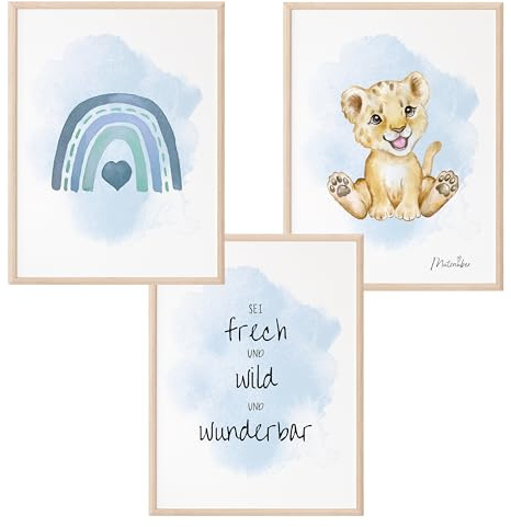Mutzauber 3er Set Poster Kinderzimmer A4 | Bilder Kinderzimmer | Deko Babyzimmer Jungen Mädchen | Bilder Bär Tiere frech wild wunderbar ohne Rahmen (blau, Löwe)