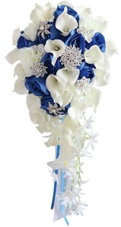 Fasksh Brautsträuße für Hochzeit, Calla-Lilien Simulation Rose Diamanten Perle Braut Hochzeitsstrauß, romantische Hochzeitsfeier, Dekoration, Geständnis (Farbe: Weiß und Blau)